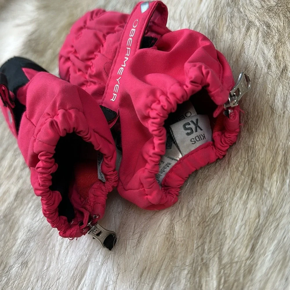 XS Obermeyer Kids' Pink and Black Mittens with Zipper and Velcro Strap